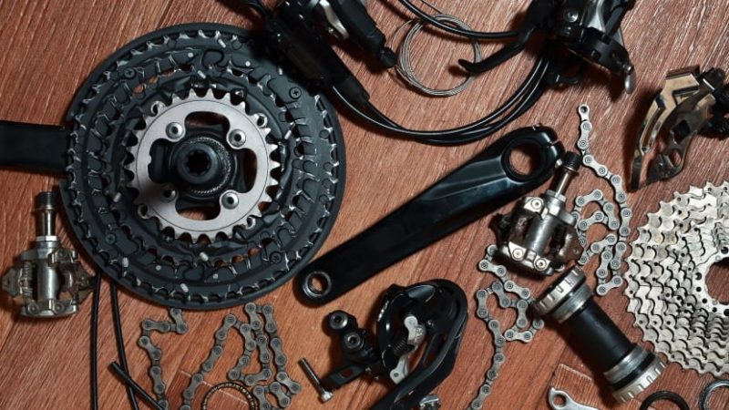 Mountain bike parts on a table
